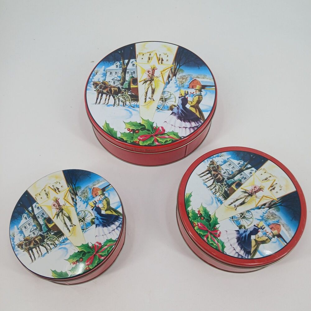 Vintage Christmas Tins Set of 3 Nesting Round Holiday Metal Storage Tins